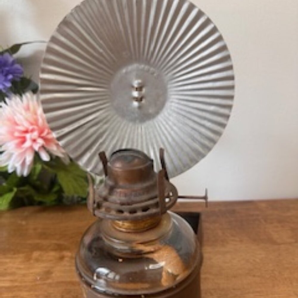 Antique Eagle Oil Lamp Lantern Reflector Tin and Glass Burner Primitive Farmhous